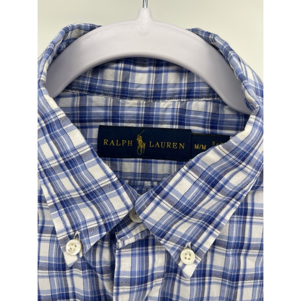 Ralph Lauren Cotton Blue and White Plaid Striped Button Down Shirt Men's Medium - Picture 3 of 9
